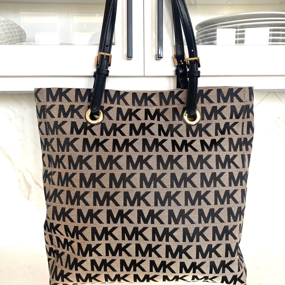 Michael Kors North South Jet Set Monogram Canvas and Leather Tote